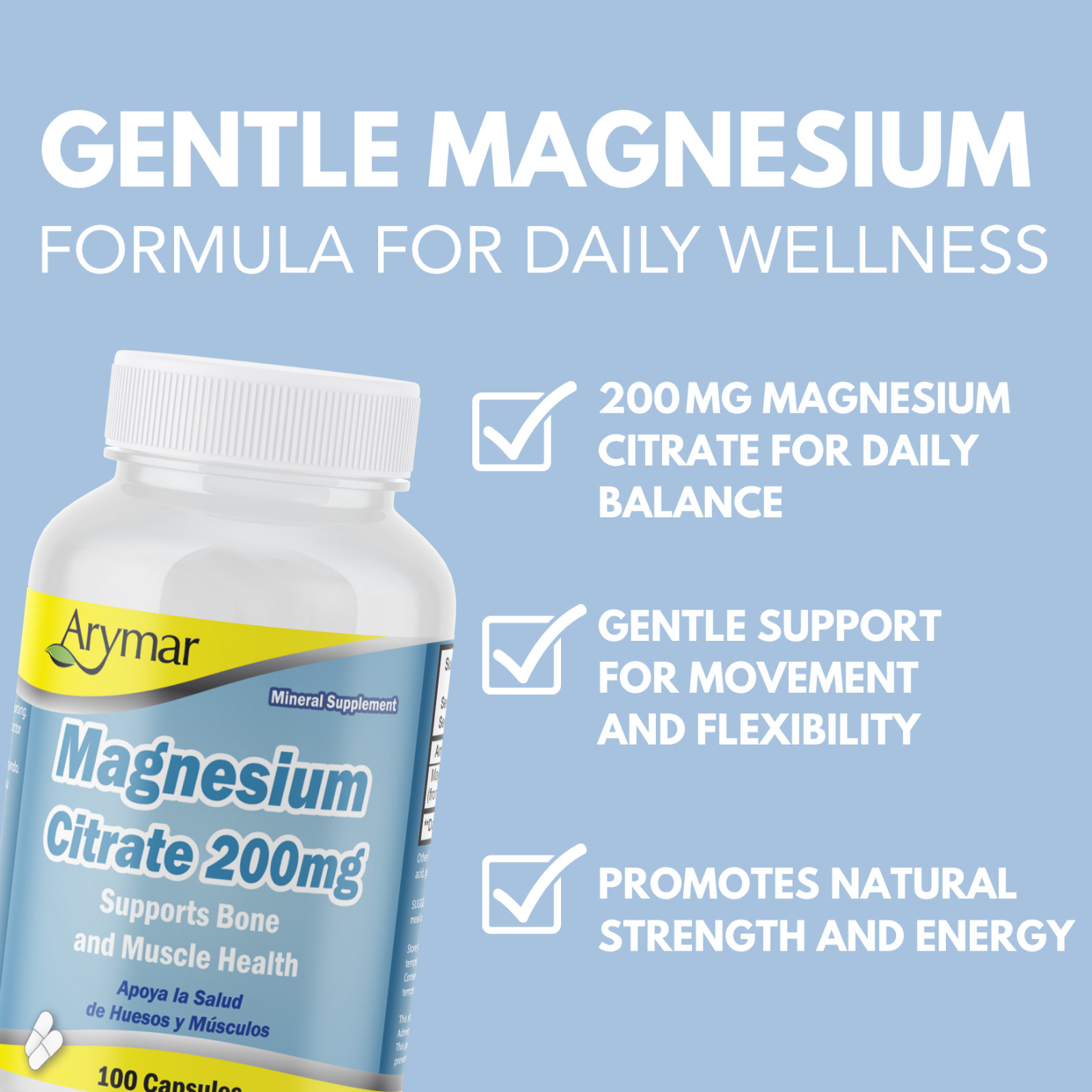 Arymar Magnesium Citrate 1250mg, 200mg Magnesium – 100 Capsules (3-Pack)