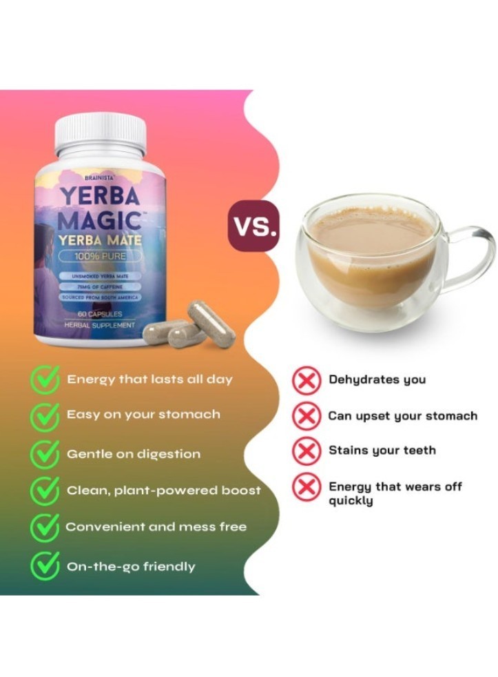 2BOTTLES-Brainista Yerba Magic:100%Pure Unsmoked Yerba Mate,75mg Caffeine,60Caps