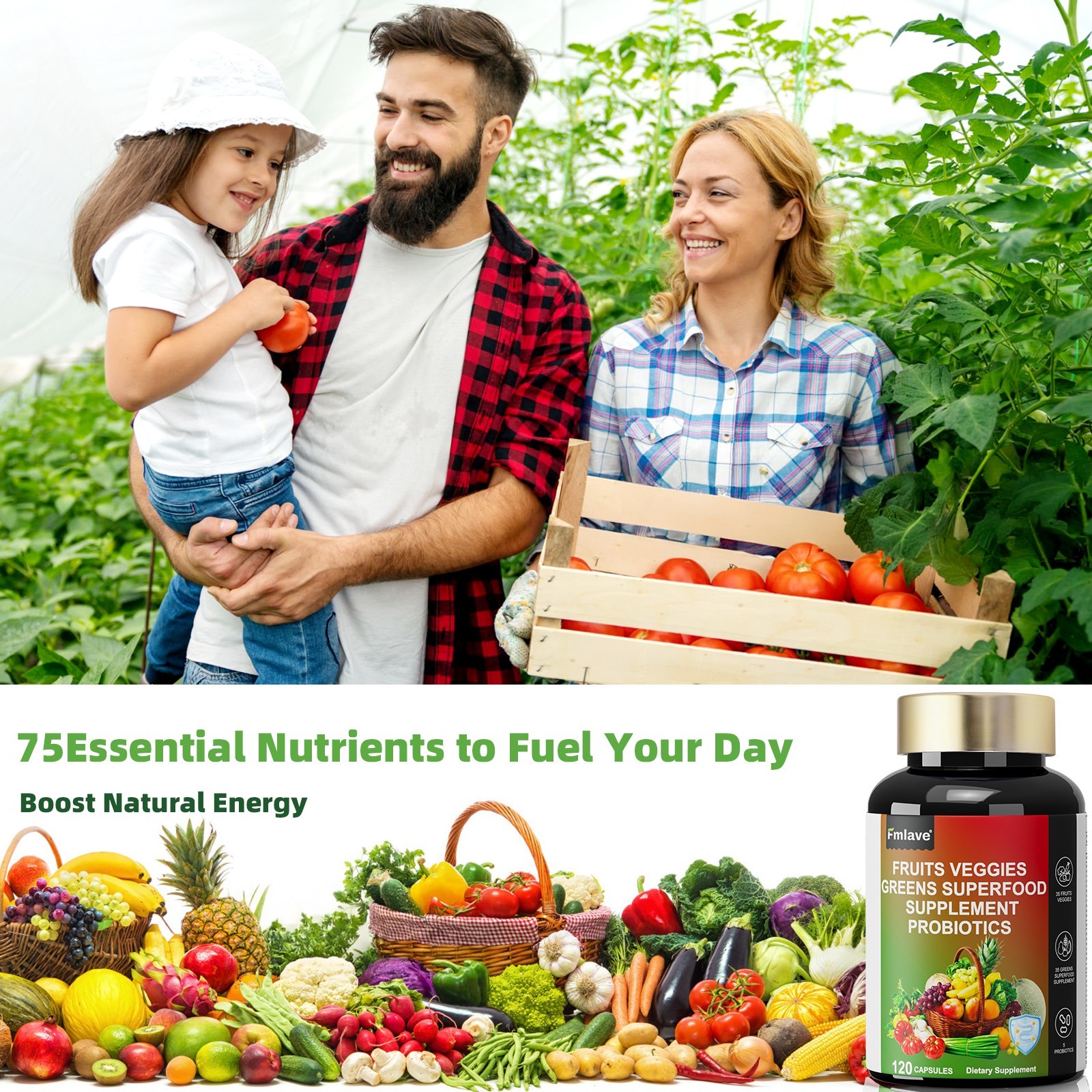 4pc 70 Fruits and Veggies Whole Food Supplement, Superfood & 5 Probiotic Strains