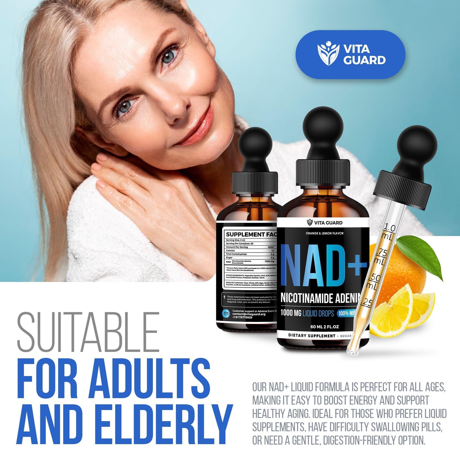 Vita Guard Pure NAD+ Supplements 1000mg Liquid Drops for 2 Fl Oz (Pack of 1)