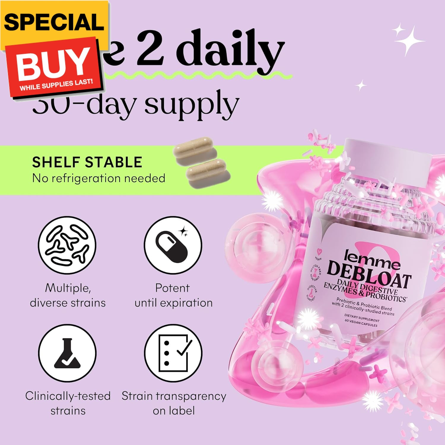 Debloat 3-in-1 Prebiotic, Probiotic & Digestive Enzyme Capsules for Bloating & G