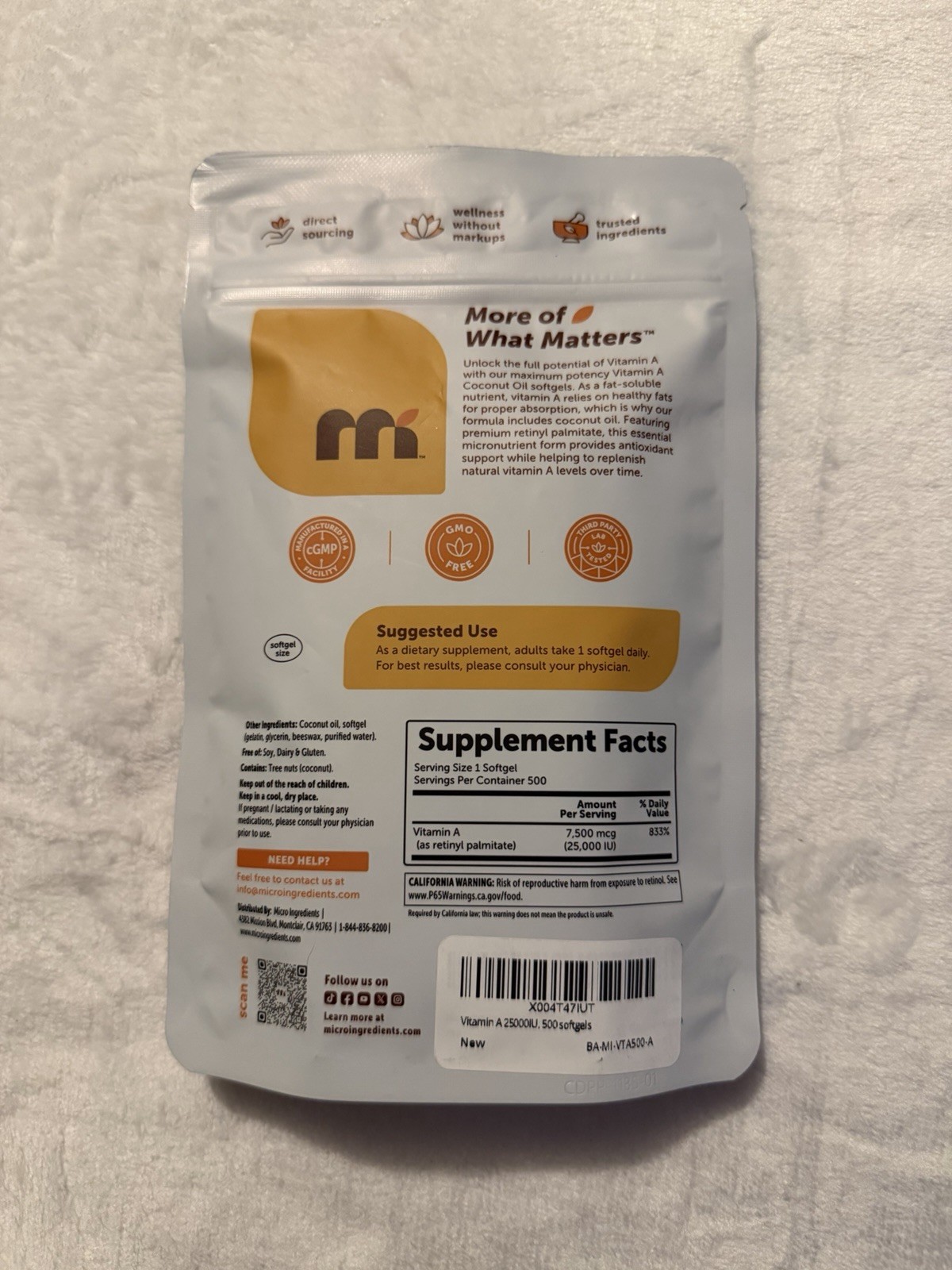 Micro Ingredients Vitamin A 25000 IU 500 Softgels with Coconut Oil Exp 03/2028