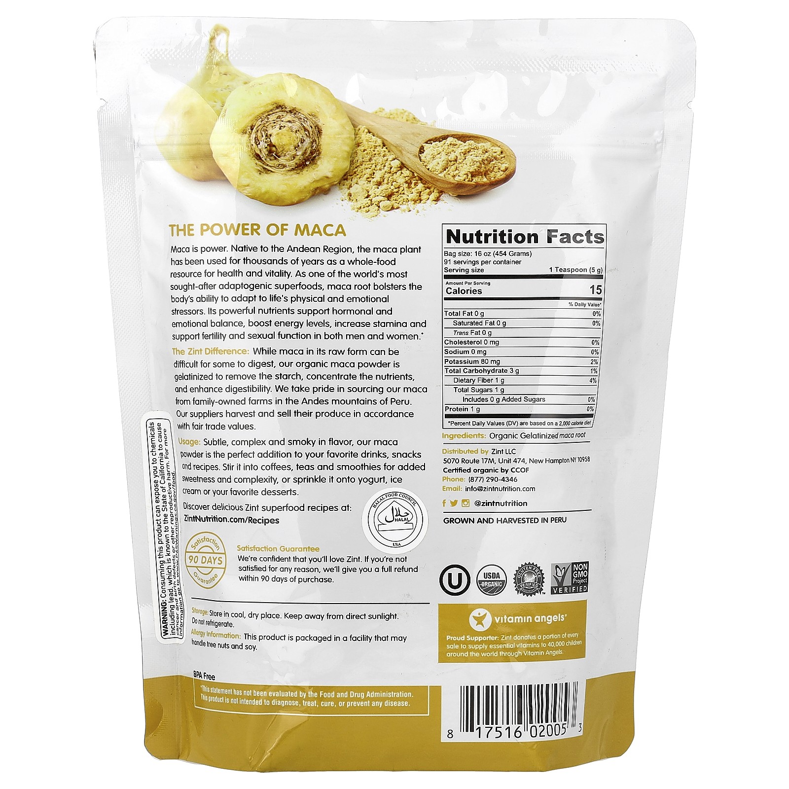 Zint Maca Organic Gelatinized Powder 16 oz 454 g Dairy-Free, Gluten-Free,