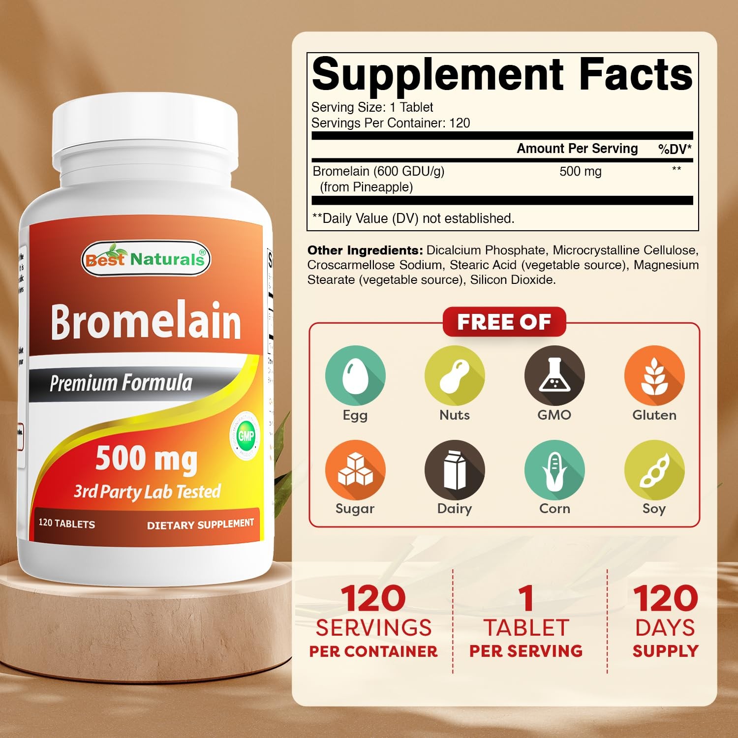 Best Naturals Bromelain Proteolytic Digestive 120 Count (Pack of 1), White