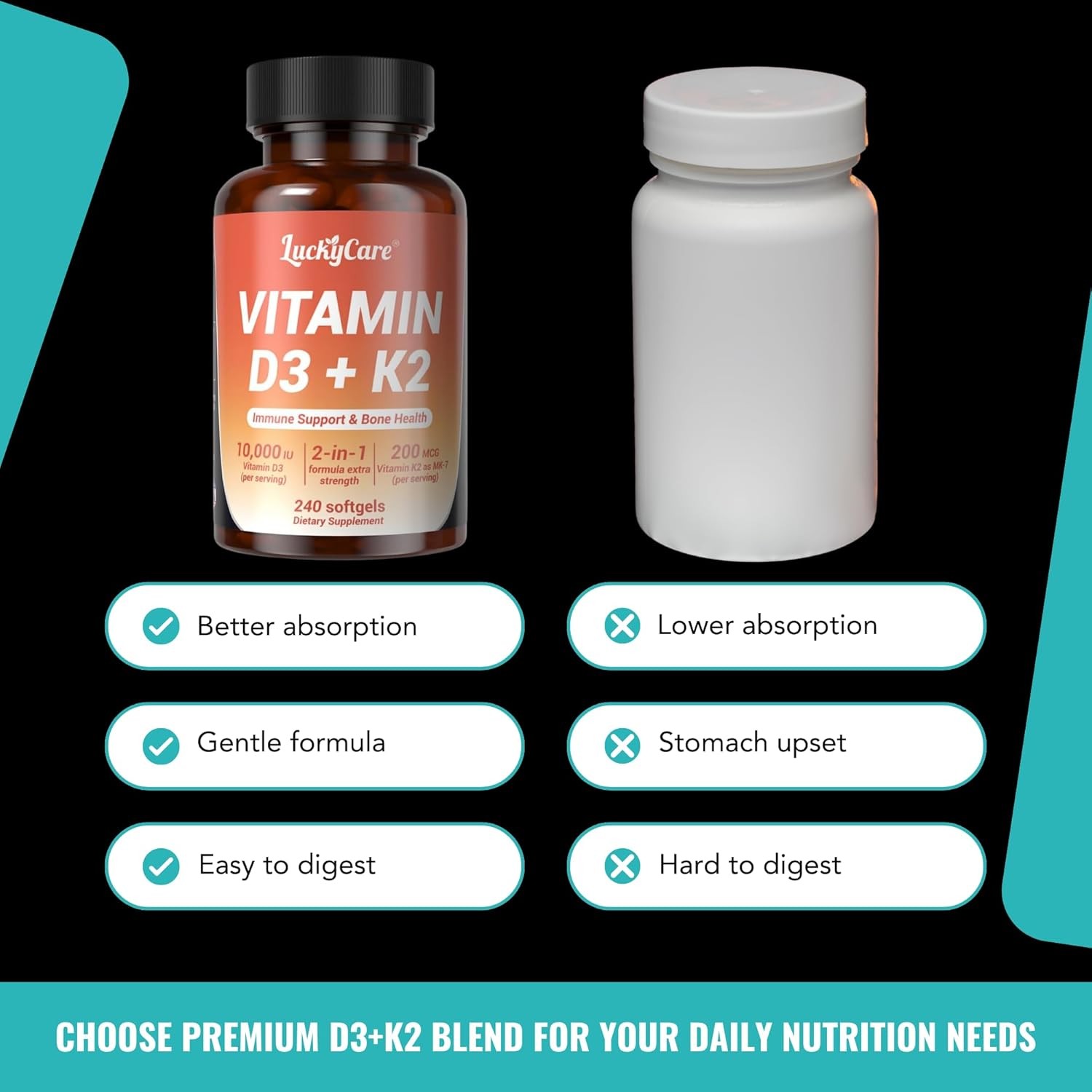 Vitamin D3 K2 10000 iu with Coconut Oil, VIT d3 and k2 Supplements, 120 Gel Caps