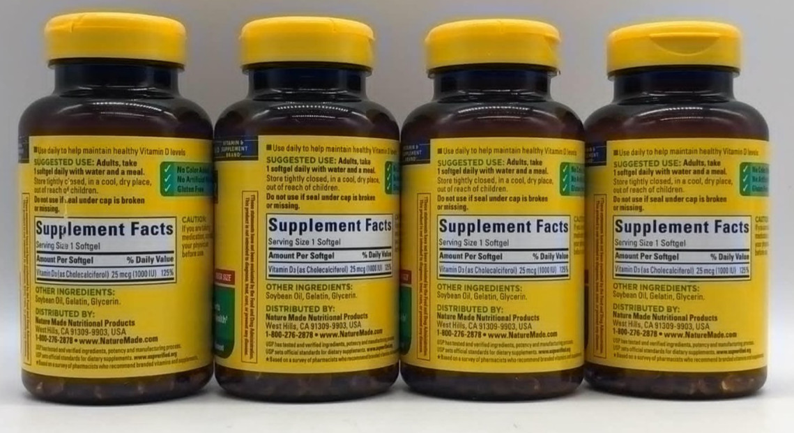 4PK Nature Made D3 1000IU 25mcg ~ 300 Softgels Each ~ EXP 4/28 ~ FAST SHIP ~ NEW