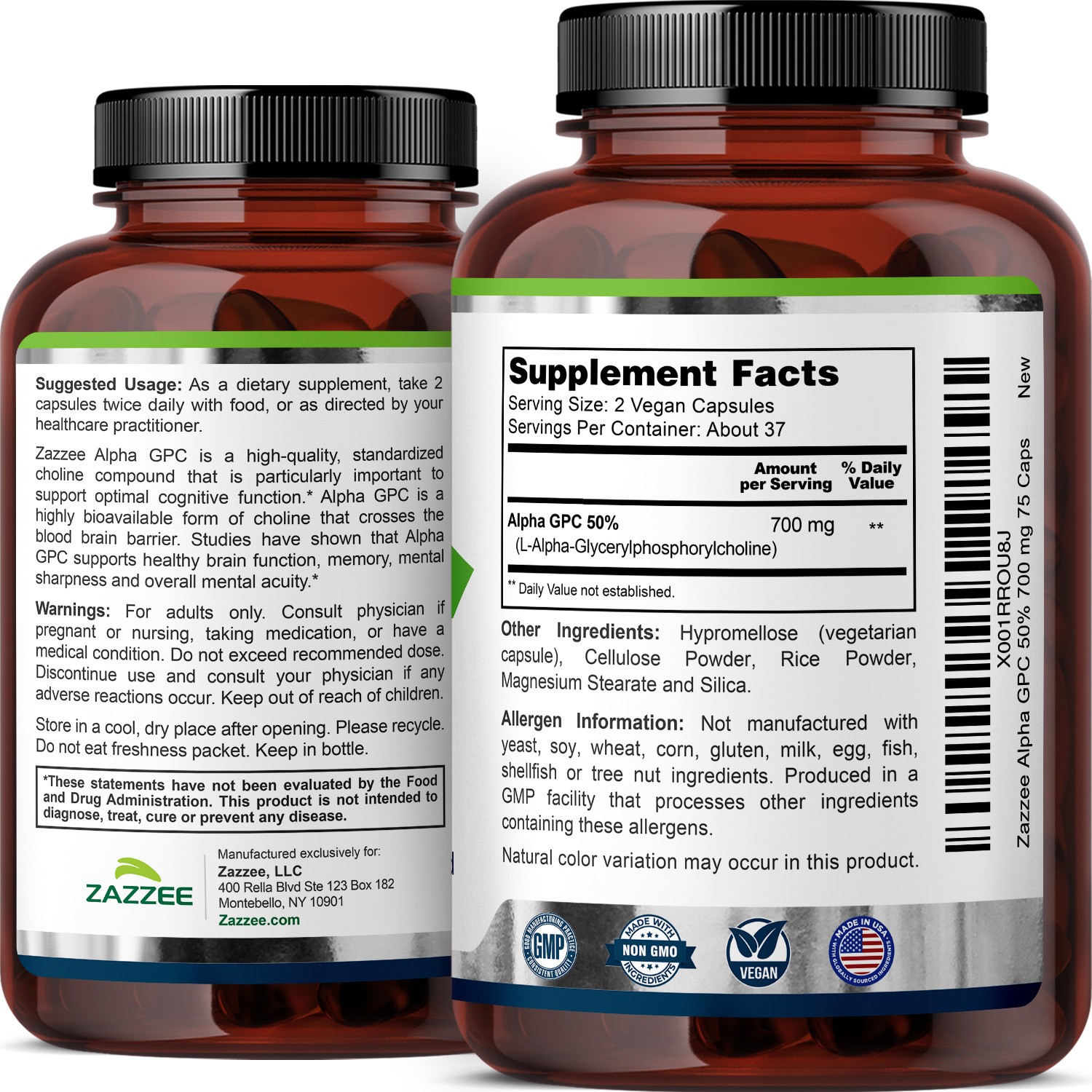 Alpha GPC Choline 75 Veggie Caps 700 mg per Serving Pharmaceutical Grade Non-GMO
