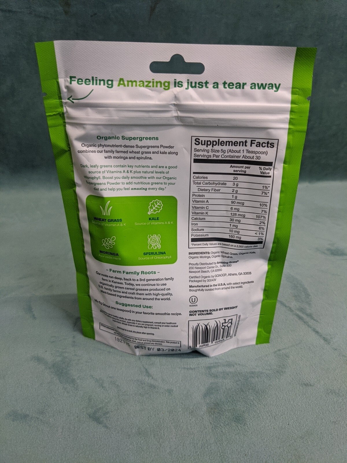 Amazing Grass Organic Supergreens Powder WheatGrass, Kale, Moringa 5.29 oz