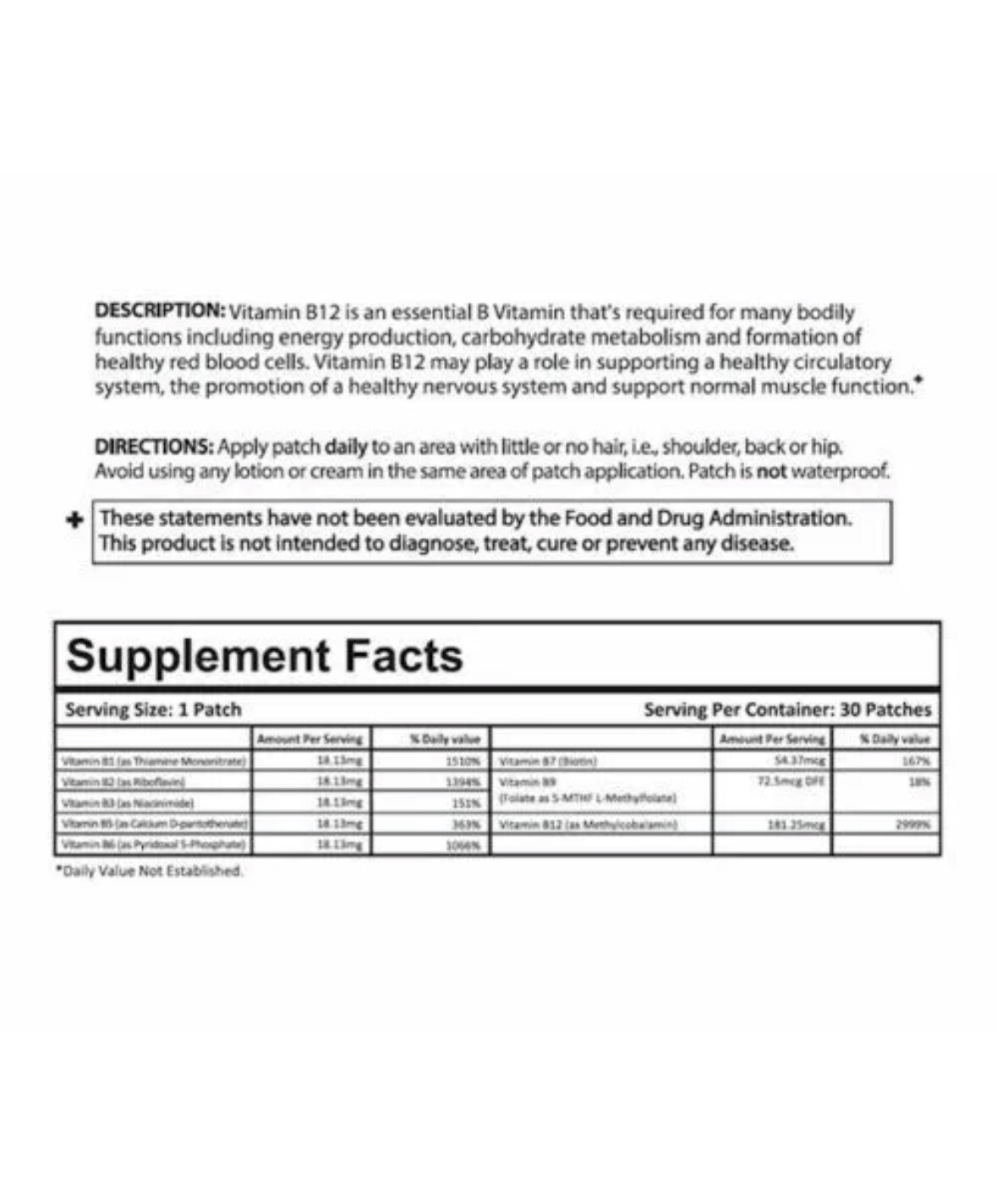 Daily Patches B12 Energy Plus Topical Patch 30 Days Vitamin