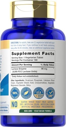 Max Strength Lactase Enzyme Tablets 9000 FCC | 180 Pills | Fast Acting Dairy Rel