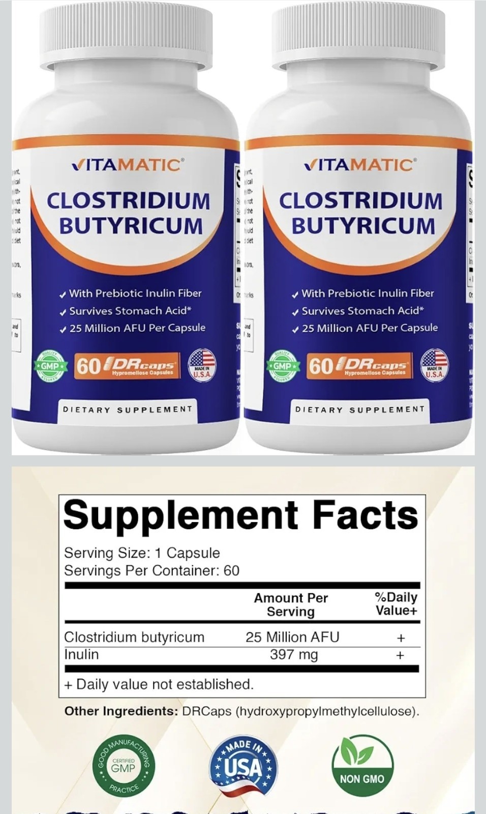 Vitamatic Clostridium butyricum 25 Million – Gut Health – 120 Capsules (2 Pack)