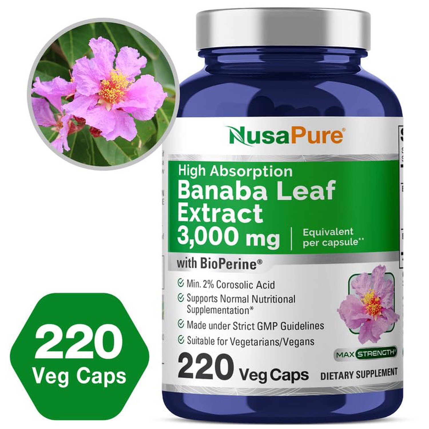 NusaPure Banaba Leaf Extract 3000 mg, 220 Veg Caps, 220 Days Supply, Non-GMO