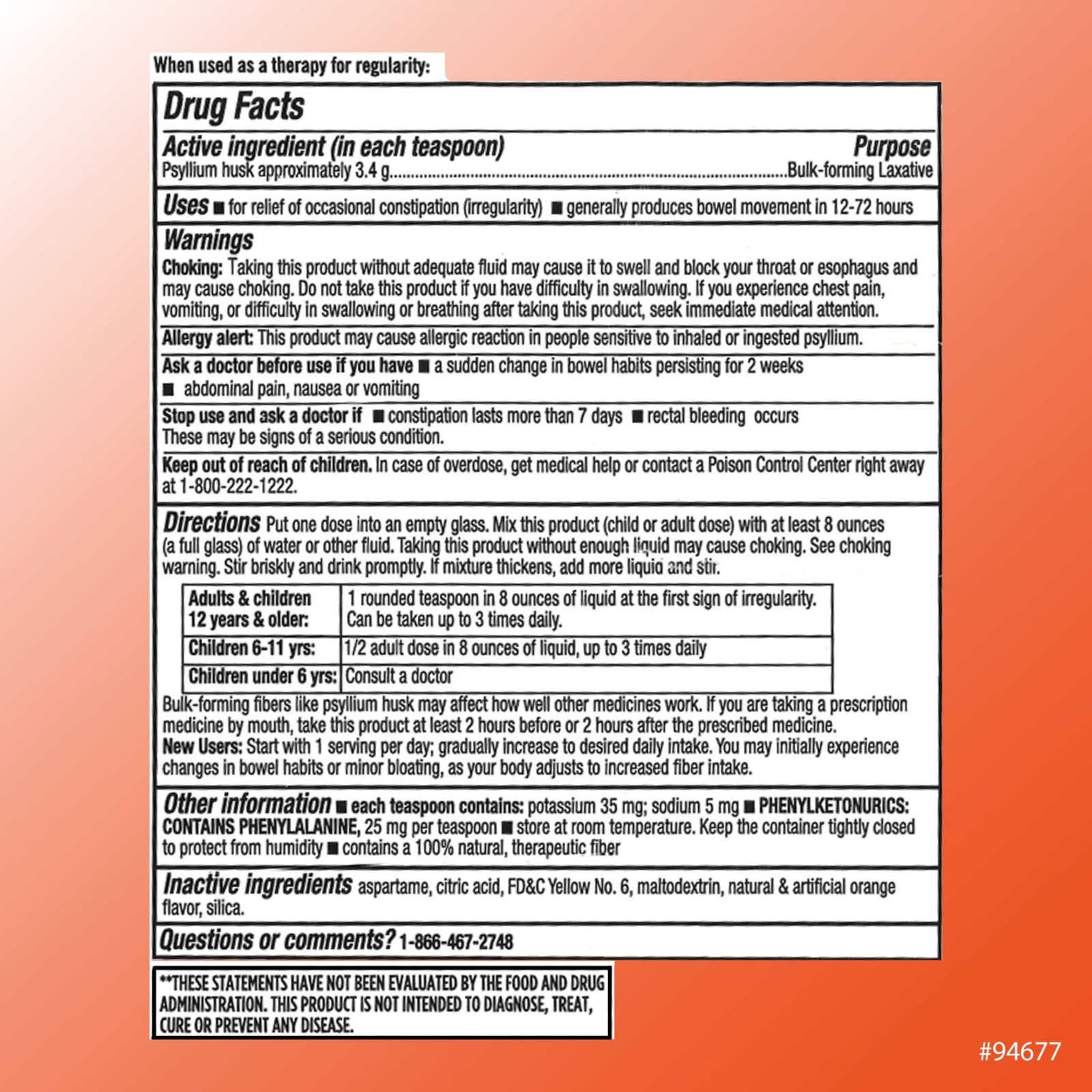 Sugar Free Fiber Powder – Naturally Derived Vegetable Formula, 48 Doses, Orange