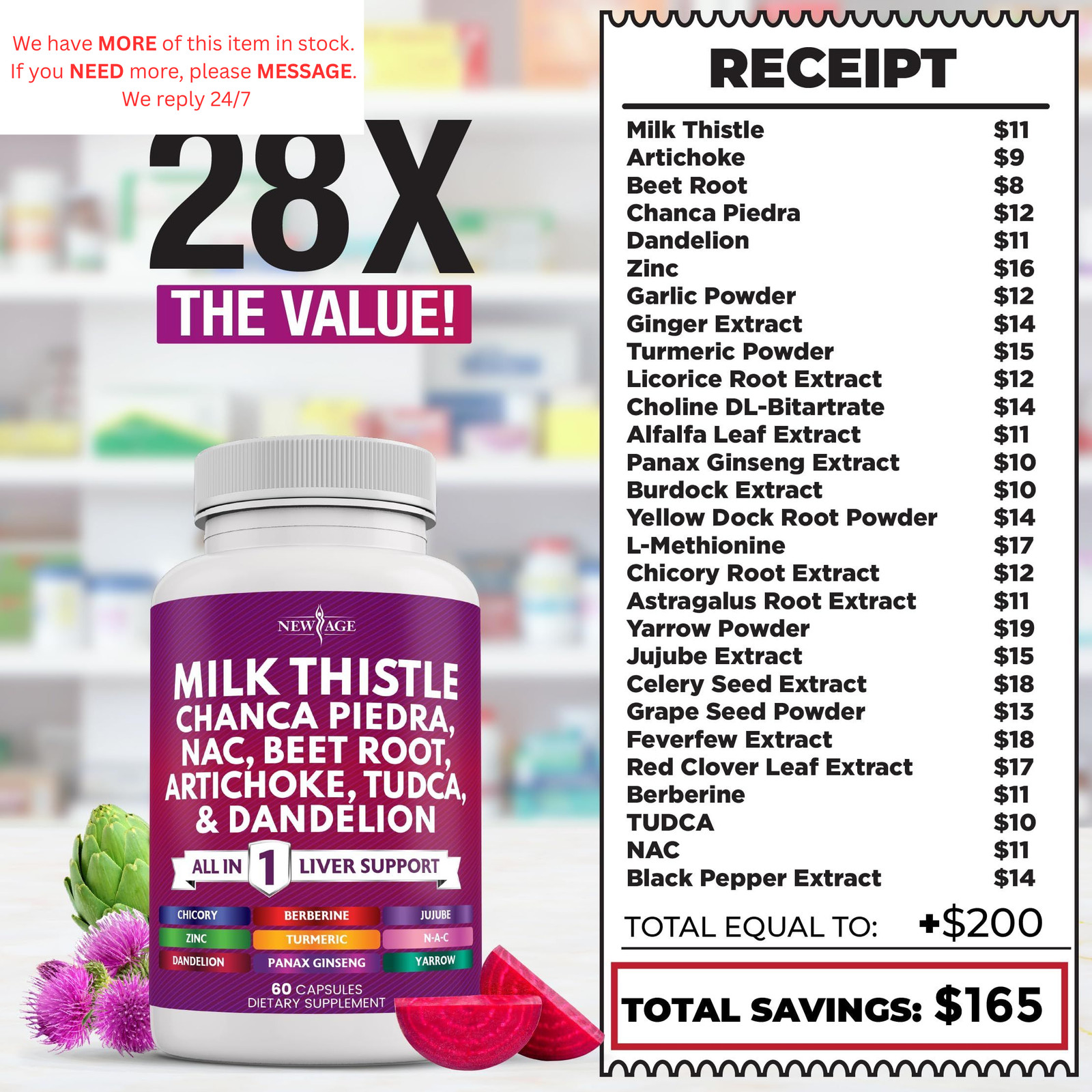 NEW AGE Milk Thistle NAC Chanca Piedra Beet Root 60 Count (Pack of 3)
