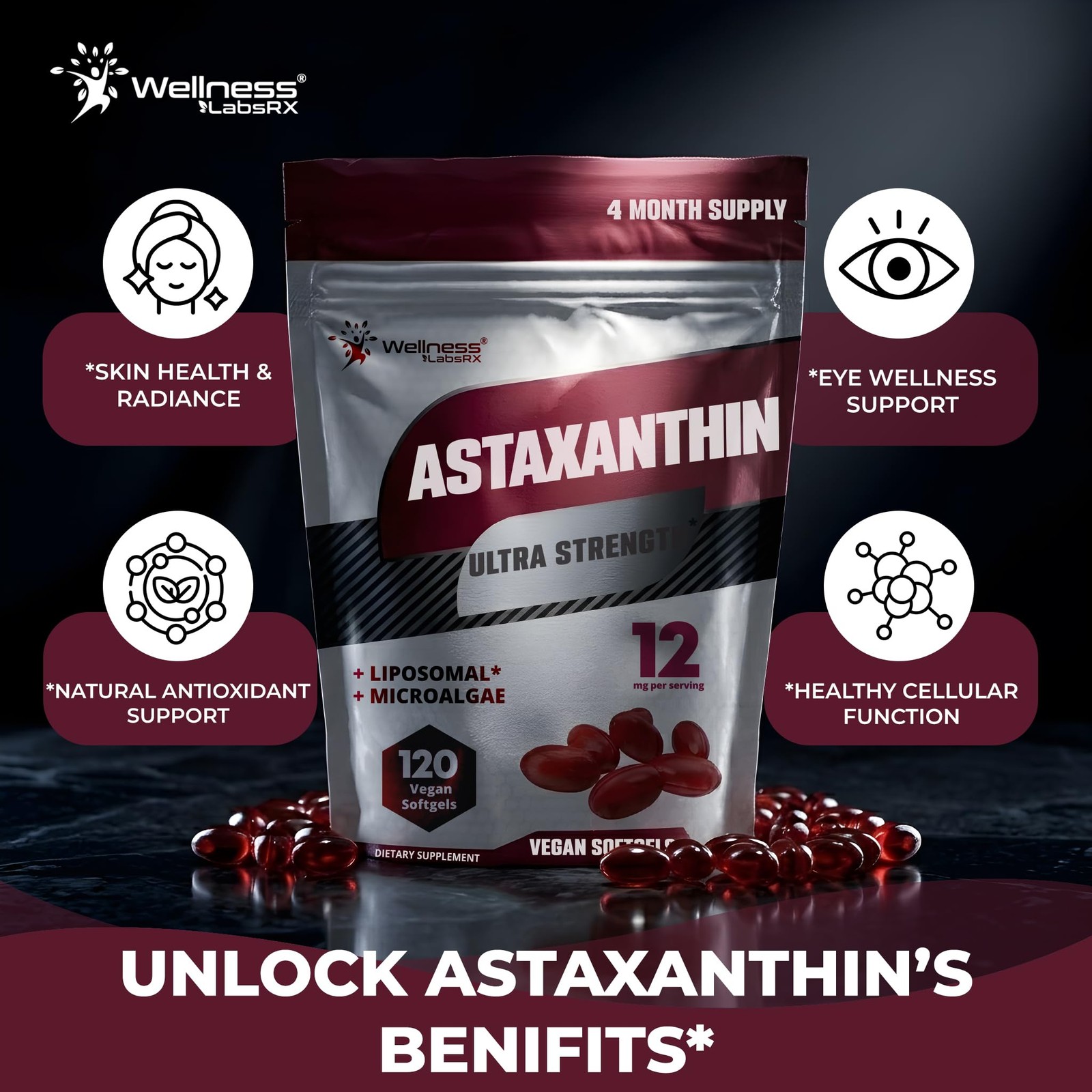 Liposomal Astaxanthin 12mg – 120 Vegan Softgels, 4 120 Count (Pack of 1)