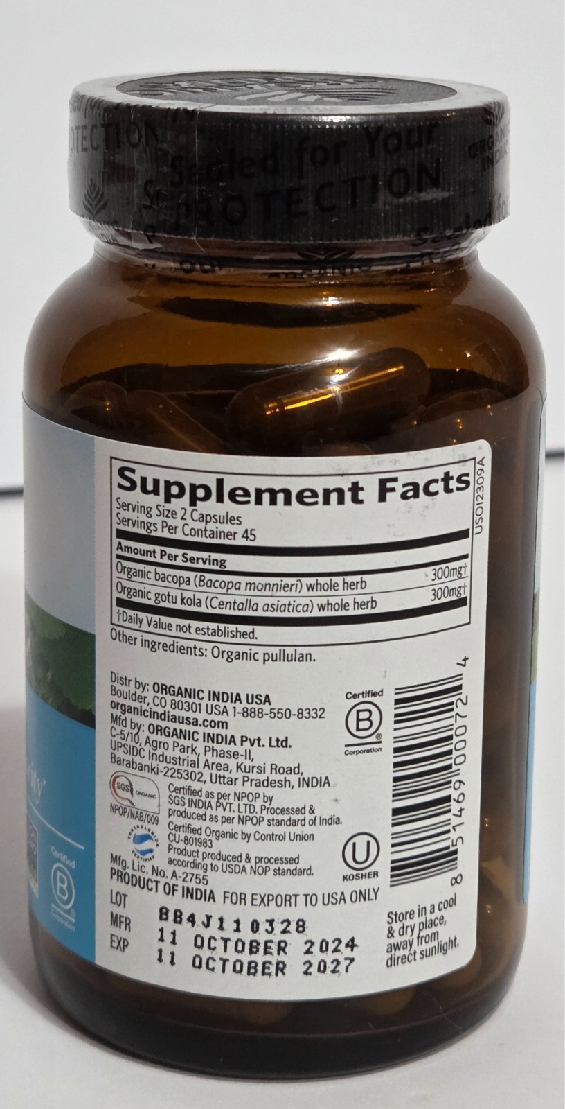 Organic India Memory Mental Clarity 90 Veggie Caps Gluten-Free, Organic, Vegan