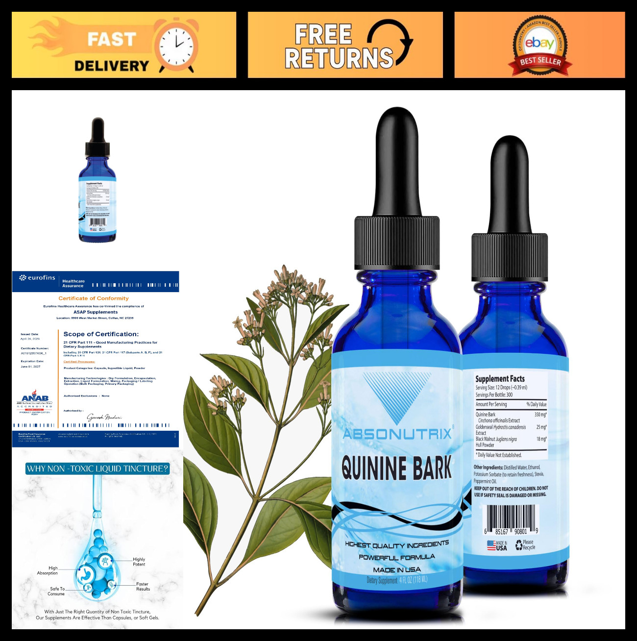 Quinine Bark Liquid 350mg – 4oz, 300 Servings, Quick Absorption, Non-GMO, GMP-Ce