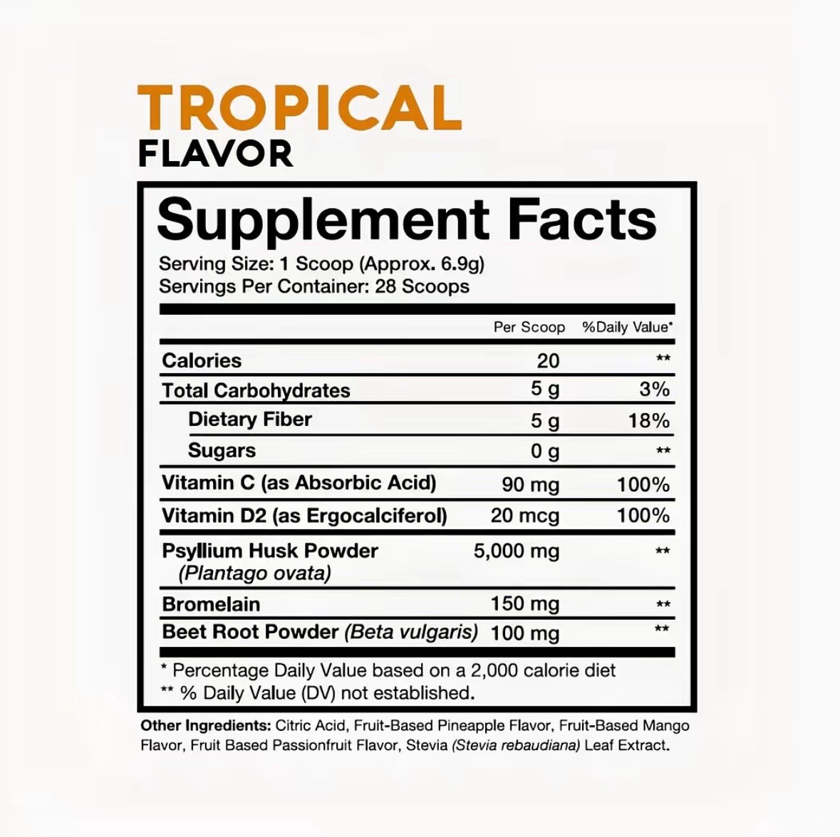 Pinch Magic Fiber Powder Sugar free & Ultra Pure Psyllium Husk Support Tropical