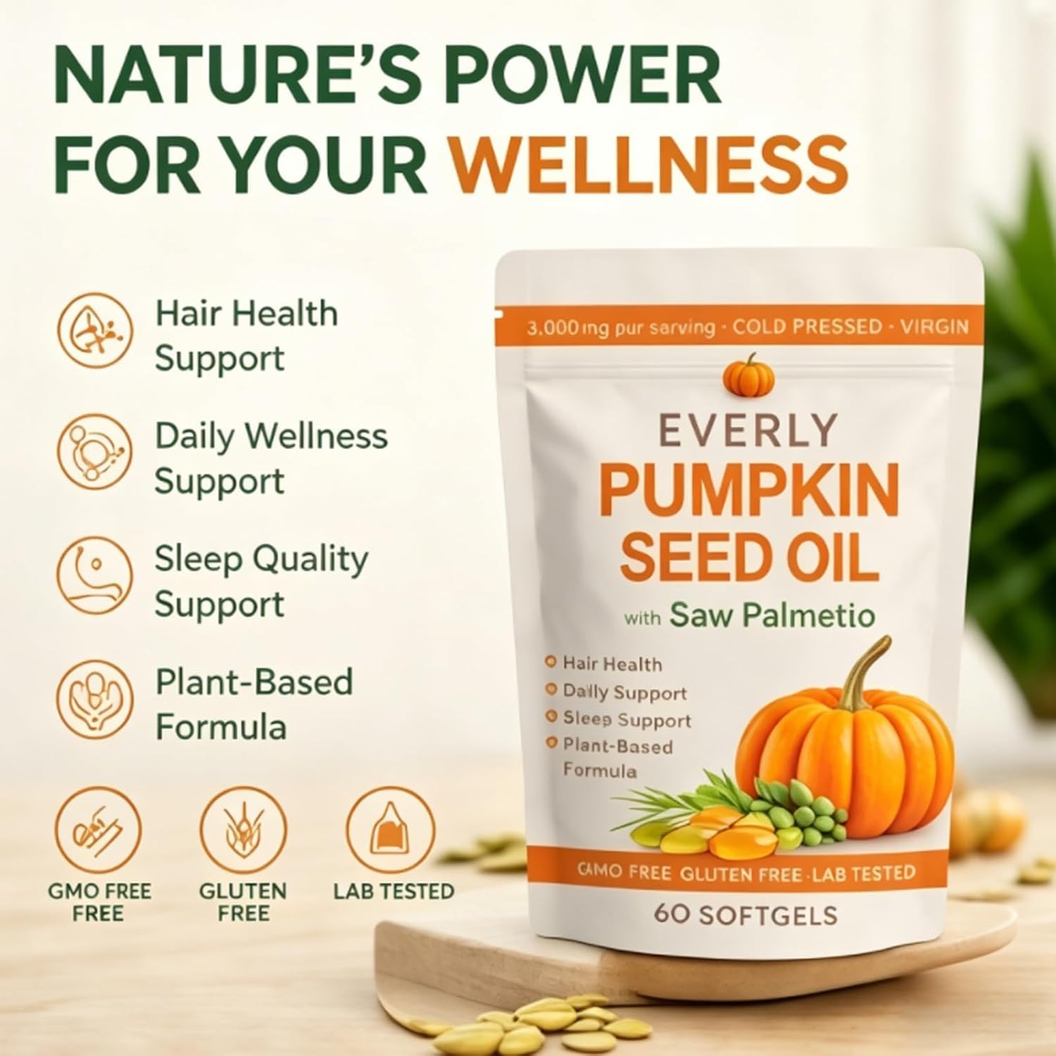 Pumpkin Seed Oil Saw Palmetto Capsules | Hair Prostate Support | 60 Softgels