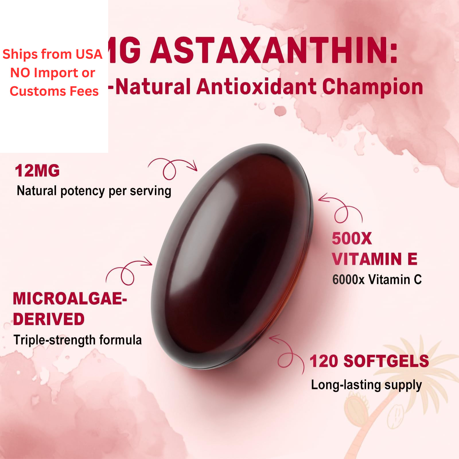 BEWORD Astaxanthin 12mg with MCT Oil, 120 Softgels 120 Count (Pack of 1)