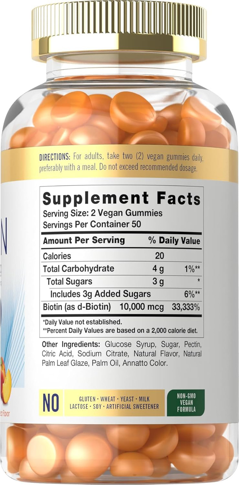 Biotin 10000Mcg Gummies | 100 Count | Peach Flavor Supplement | Vegan, Non-Gm…
