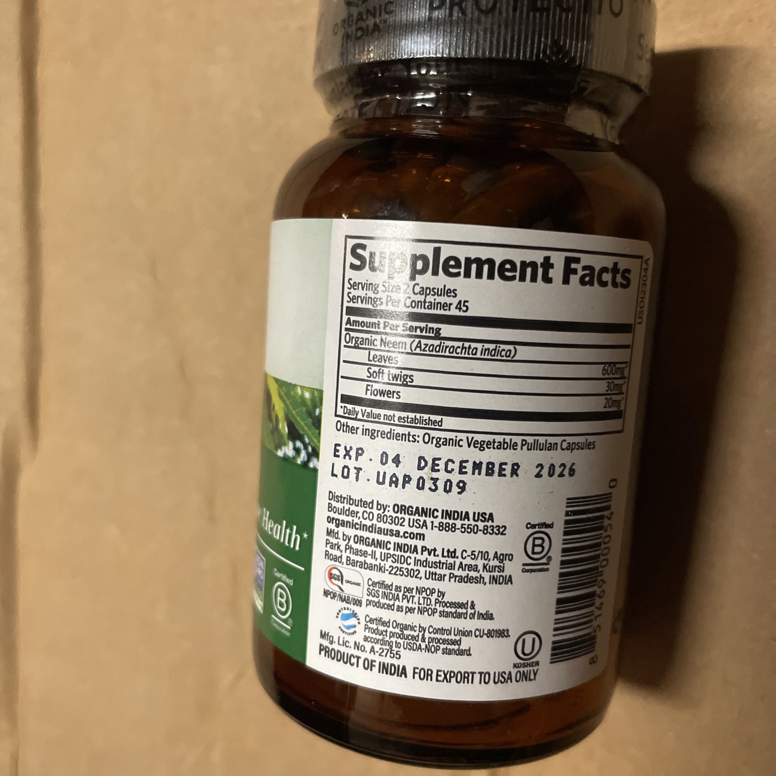 Organic India Organic Neem 90 Veg Caps Gluten-Free Kosher Non-GMO Exp 12/26