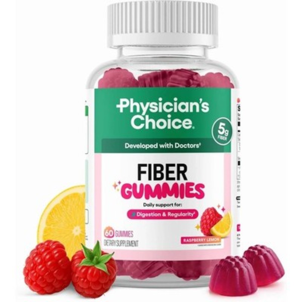 Physician’s Choice Fiber Gummie–Digestive Health,Raspberry Lemon,No Sugar Added
