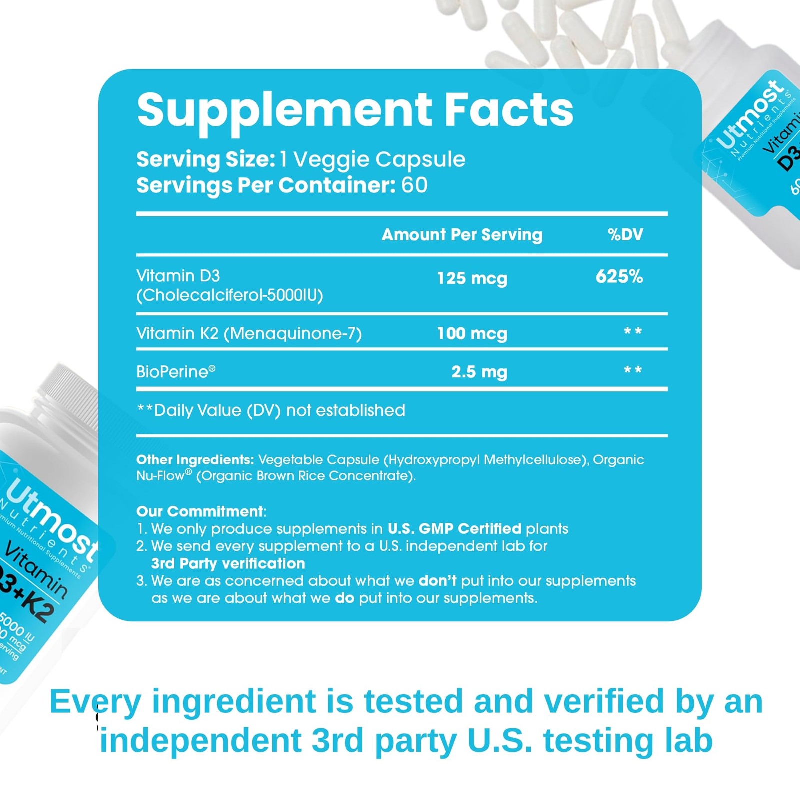 Vitamin D3 (5000iu) with K2 (100mcg) in one Capsule for 1 Count (Pack of 60)
