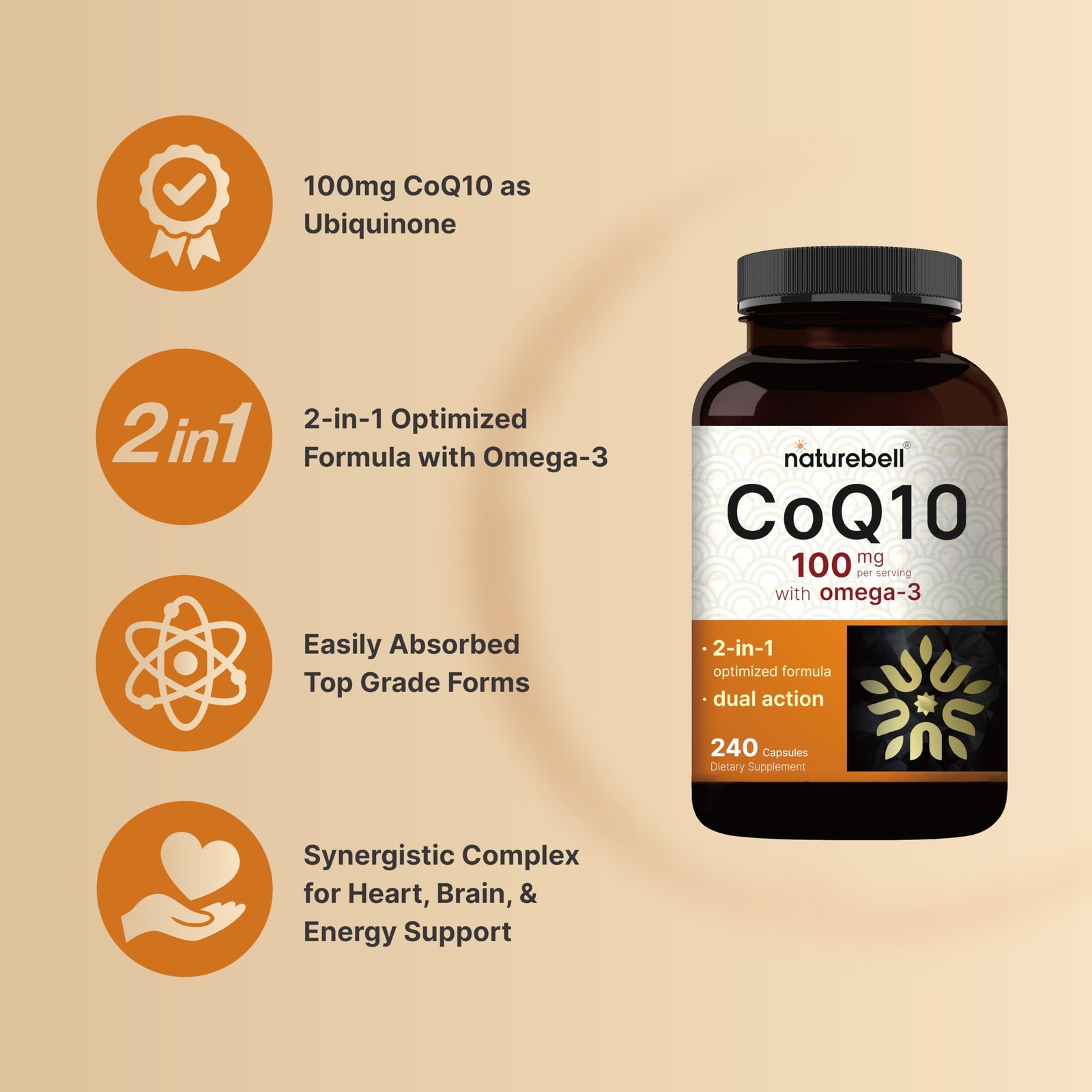 NatureBell CoQ10 100mg with Omega 3, 240 Capsules | 240 Count (Pack of 1)