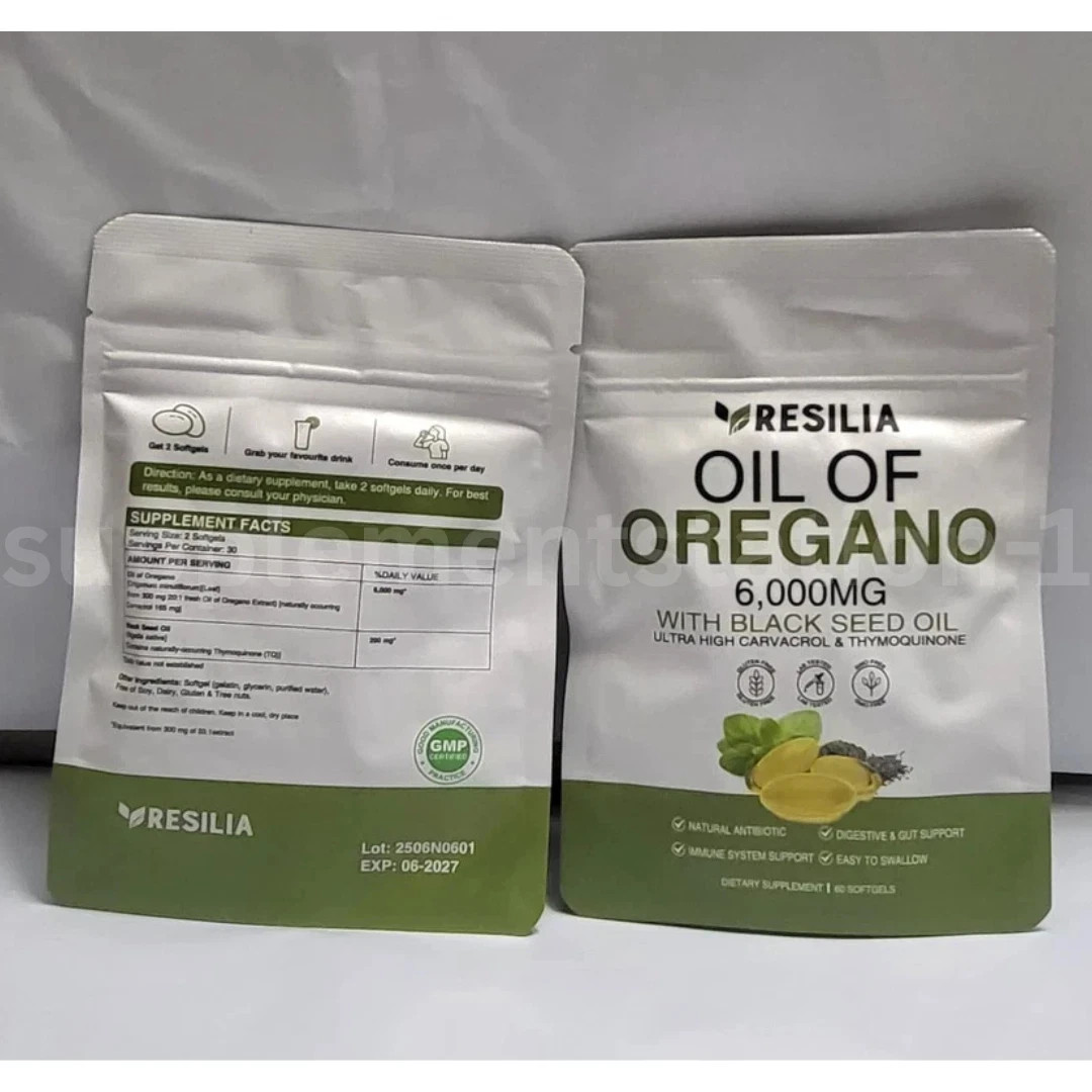 2 Sealed Resilia Oil Of Oregano 6,000 Mg, With Black Seed Oil, 60 Softgels Each