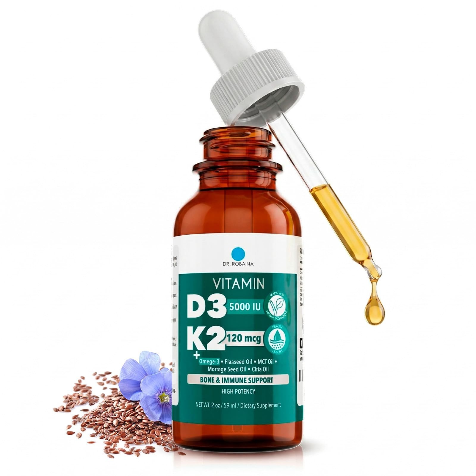 Vegan Vitamin D3 + K2 Drops – 5000 IU D3 & 120 mcg MK-7, Liquid MCT Oil Suppleme