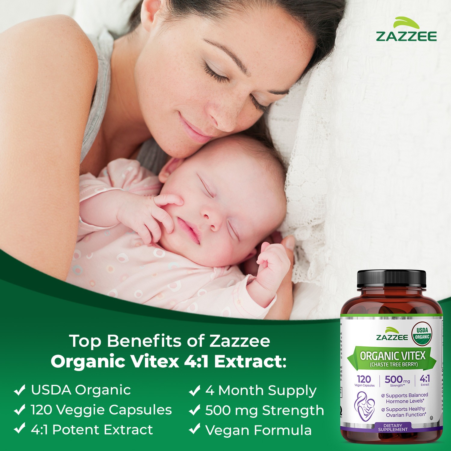 Vitex USDA Organic 500 mg Strength 120 Veggie Caps 4:1 Extract 4 Month Supply