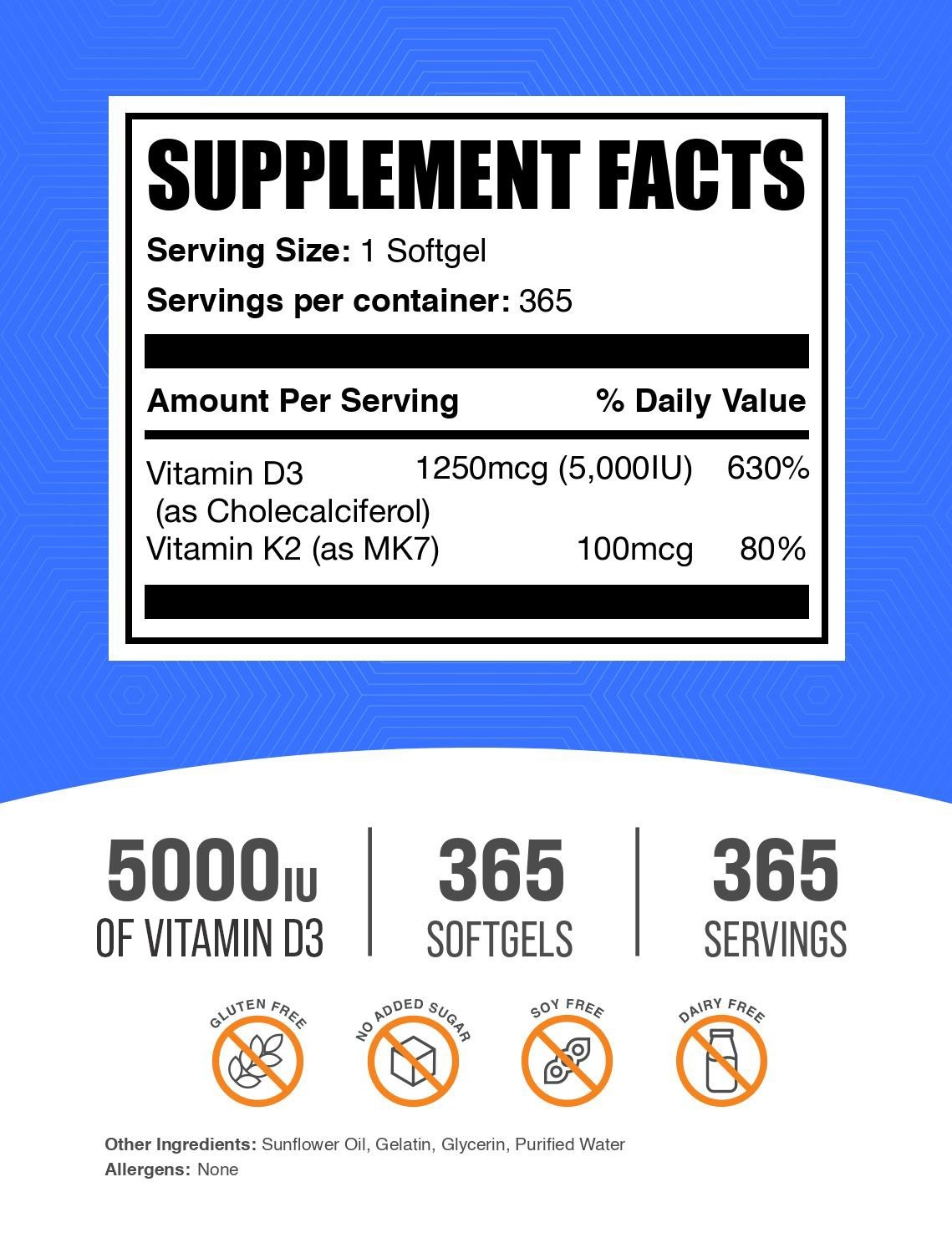 BulkSupplements Vitamin D3 + Vitamin K2 365 Softgels – 5000IU Vit D3 Per Serving