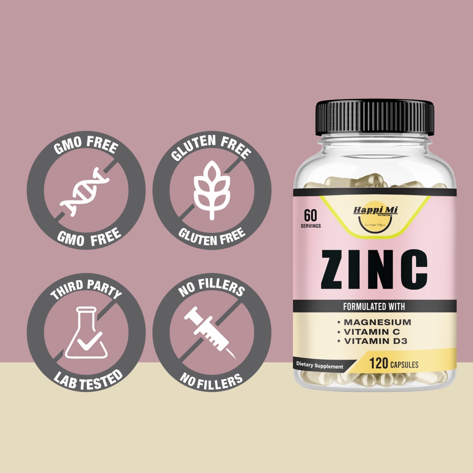 Zinc 100mg, Magnesium Glycinate 150mg, Vitamin D3 5000 IU, Vitamin C 500mg – 120