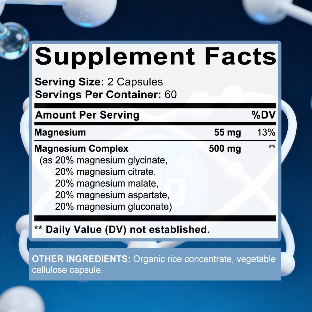 Magnesium Complex 1000mg, 5 Elemental Magnesium, Gluten Free 30/60/120 Capsules