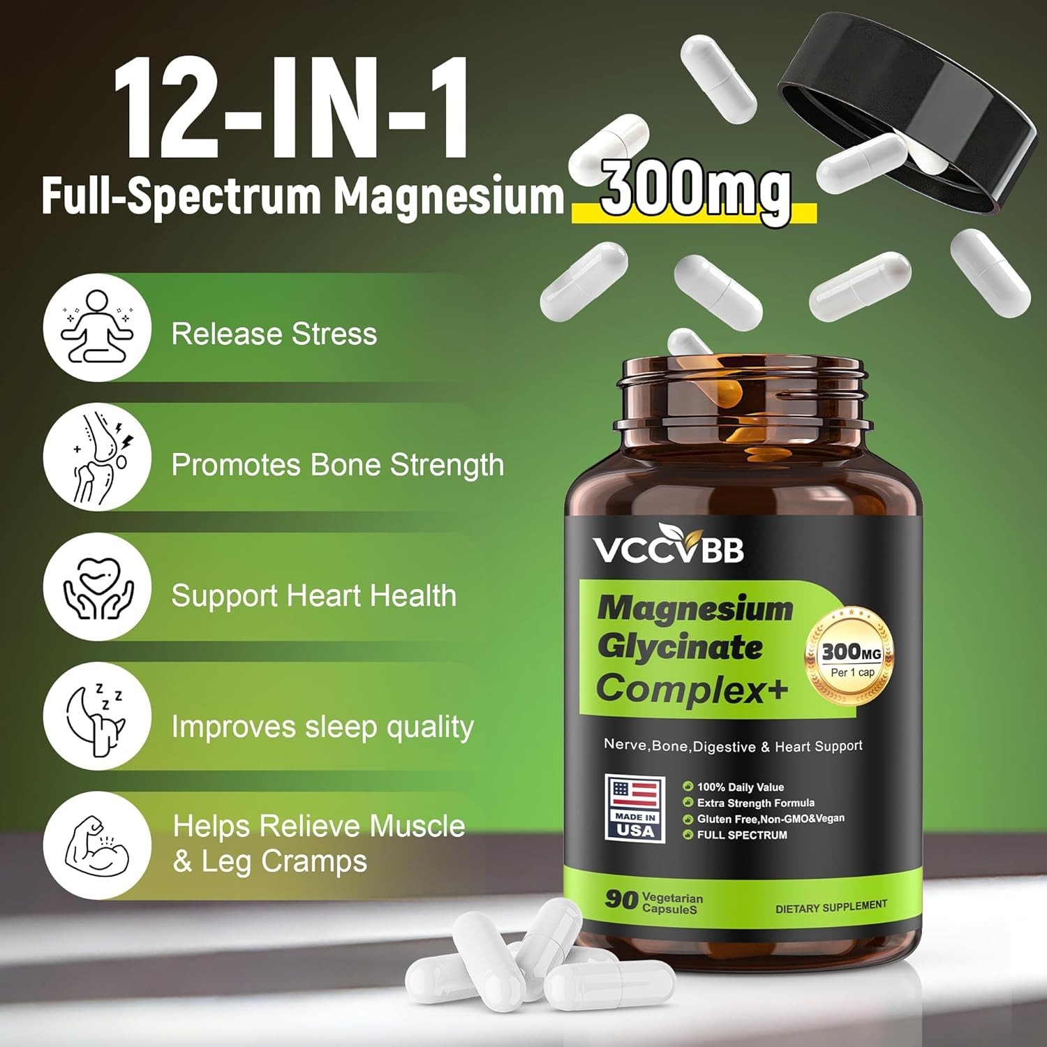 Magnesium Glycinate, 300mg Elemental Magnesium Complex, Vegan | With oxide, taur