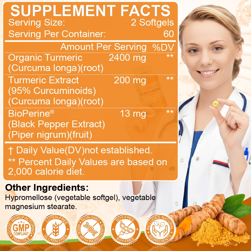 Turmeric Curcumin 2600mg w/ BioPerine Black Pepper Triple Strength Capsules