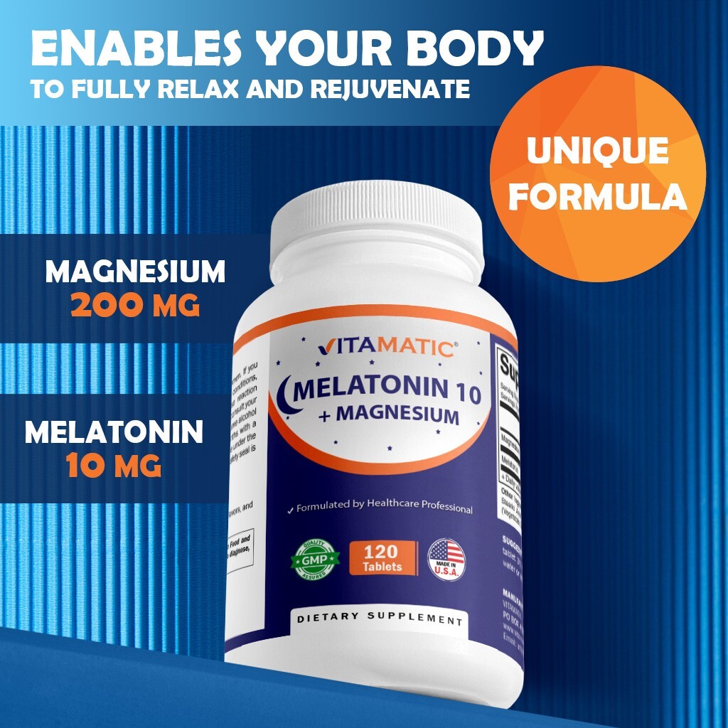 Vitamatic Melatonin 10 mg with Magnesium 200 mg 120 Tablets – High Potency Sleep