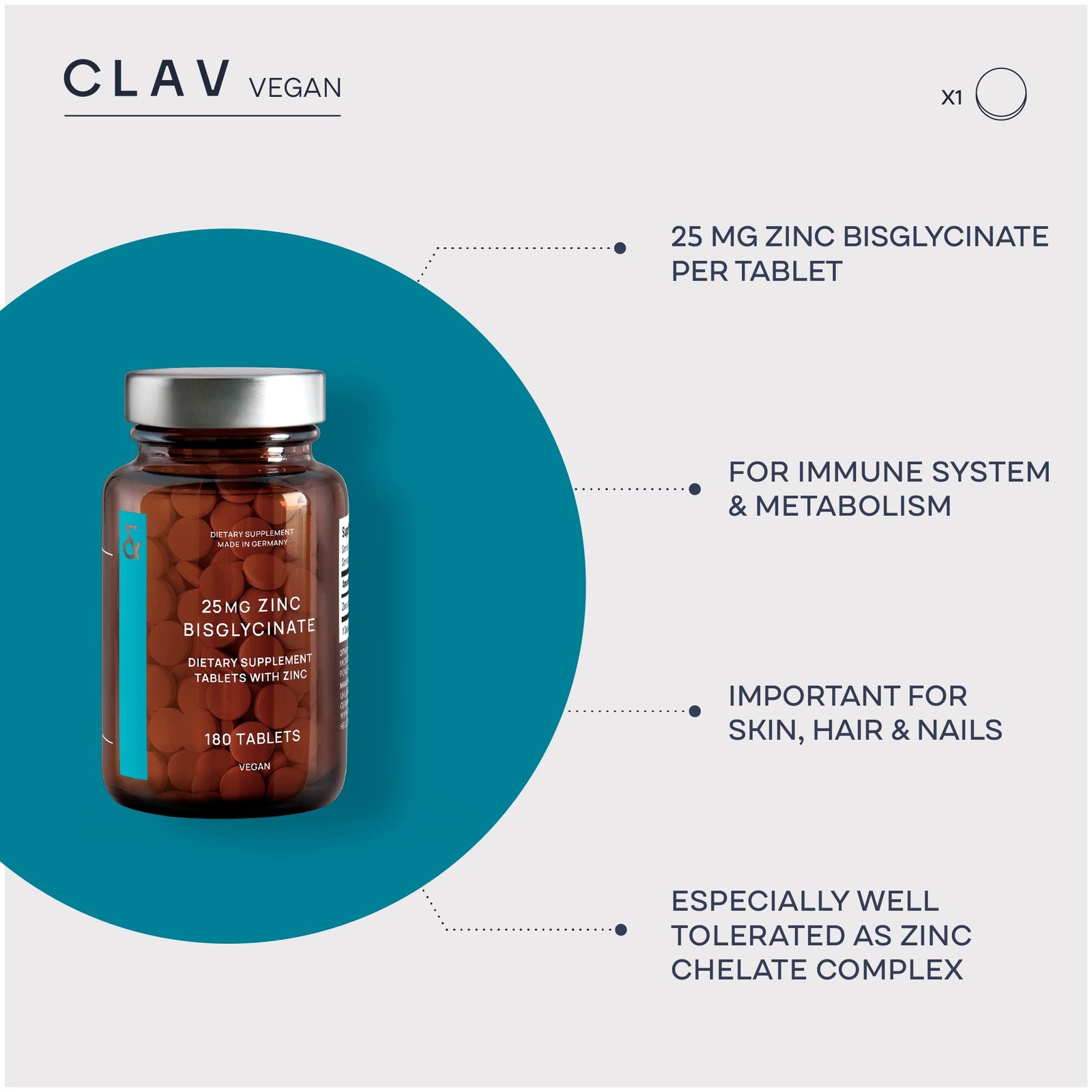 CLAV Zinc 25mg, High Strength, Vegan Certified, 180 Tablets