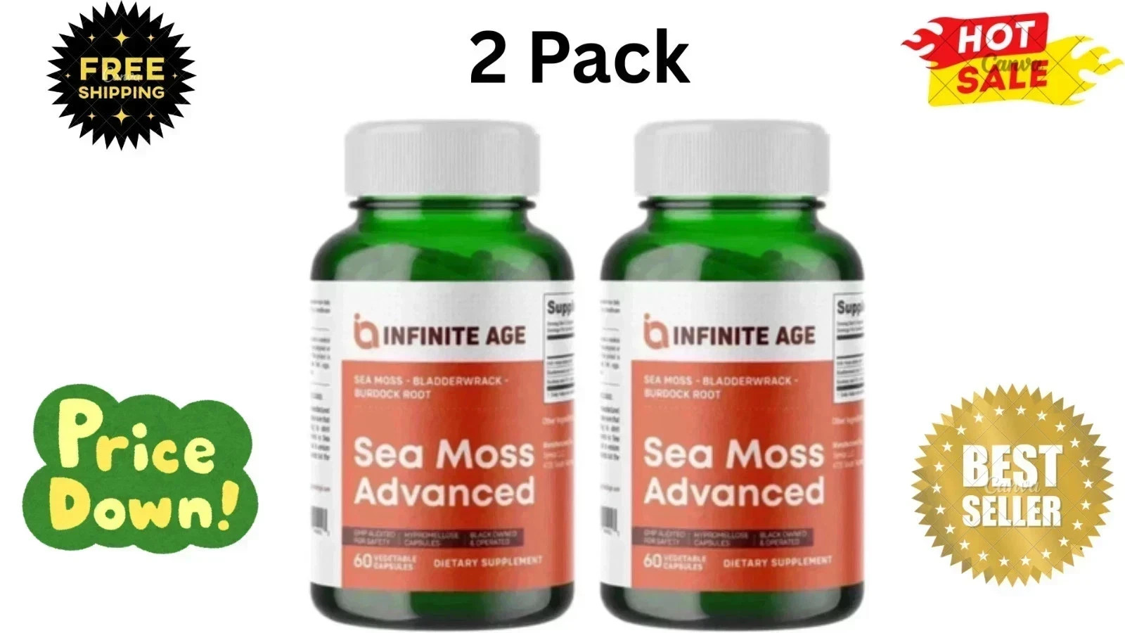 2 Pack INFINITE AGE Sea Moss Advanced 1250mg Superfood, High-Potency 60 Capsule
