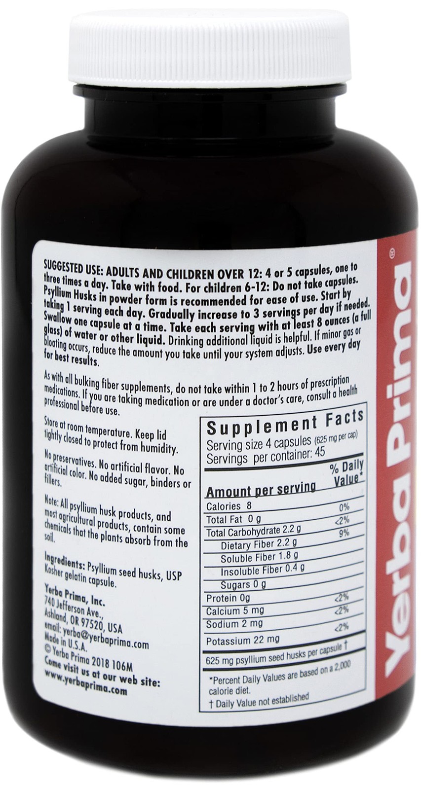 2x Yerba Prima Psyllium Husks Caps Dietary Fiber 625 mg, 180 Capsules – Colon Cl