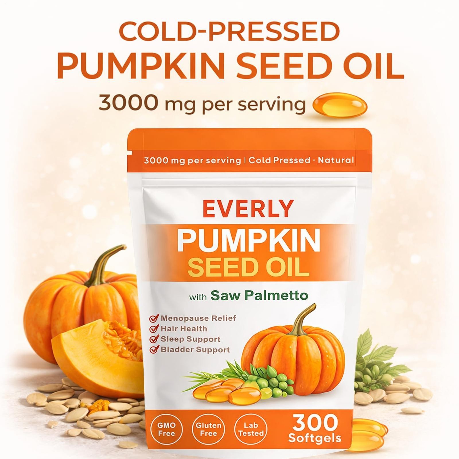 Everly Pumpkin Seed Oil with Saw Palmetto, 300 Softgels, Cold Pressed Pumpkin Se