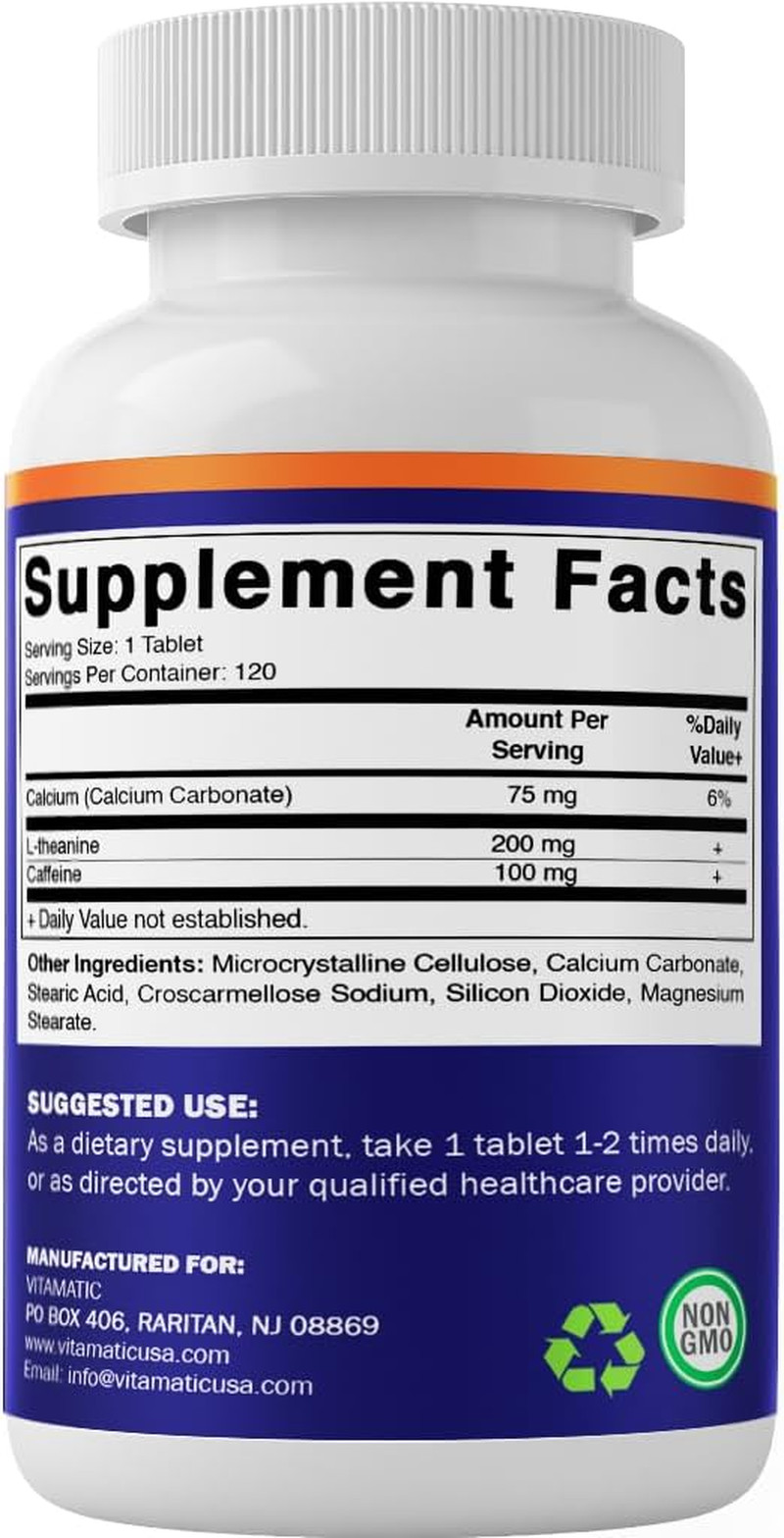Vitamatic L-Theanine 200 mg with Caffeine 100 mg, 120 Tablets | Promote Calm Foc