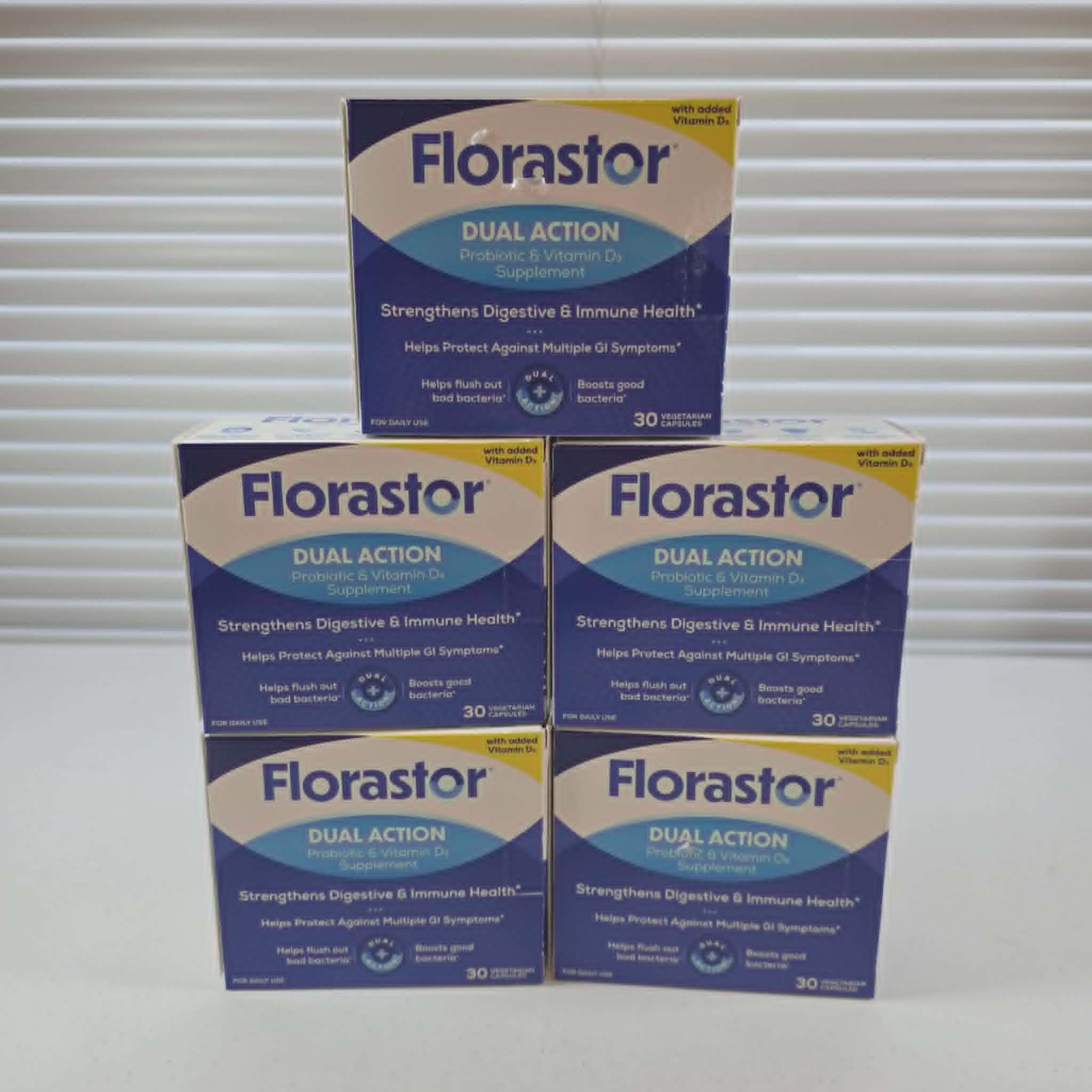 FLORASTOR DUAL ACTION PROBIOTIC VITAMIN D3 SUPPLEMENT 30 CAPSULES 5 SEALED BOXES