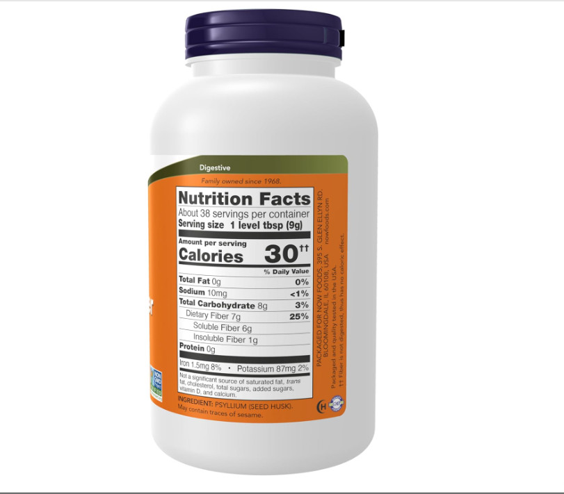 NOW Foods Psyllium Husk Powder, Non-GMO, Soluble Fiber, 12 oz