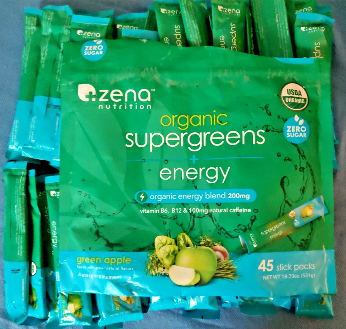 Zena Organic Supergreens Plus Energy Apple 45 Stick Exp: 7/2027 – Open Bag