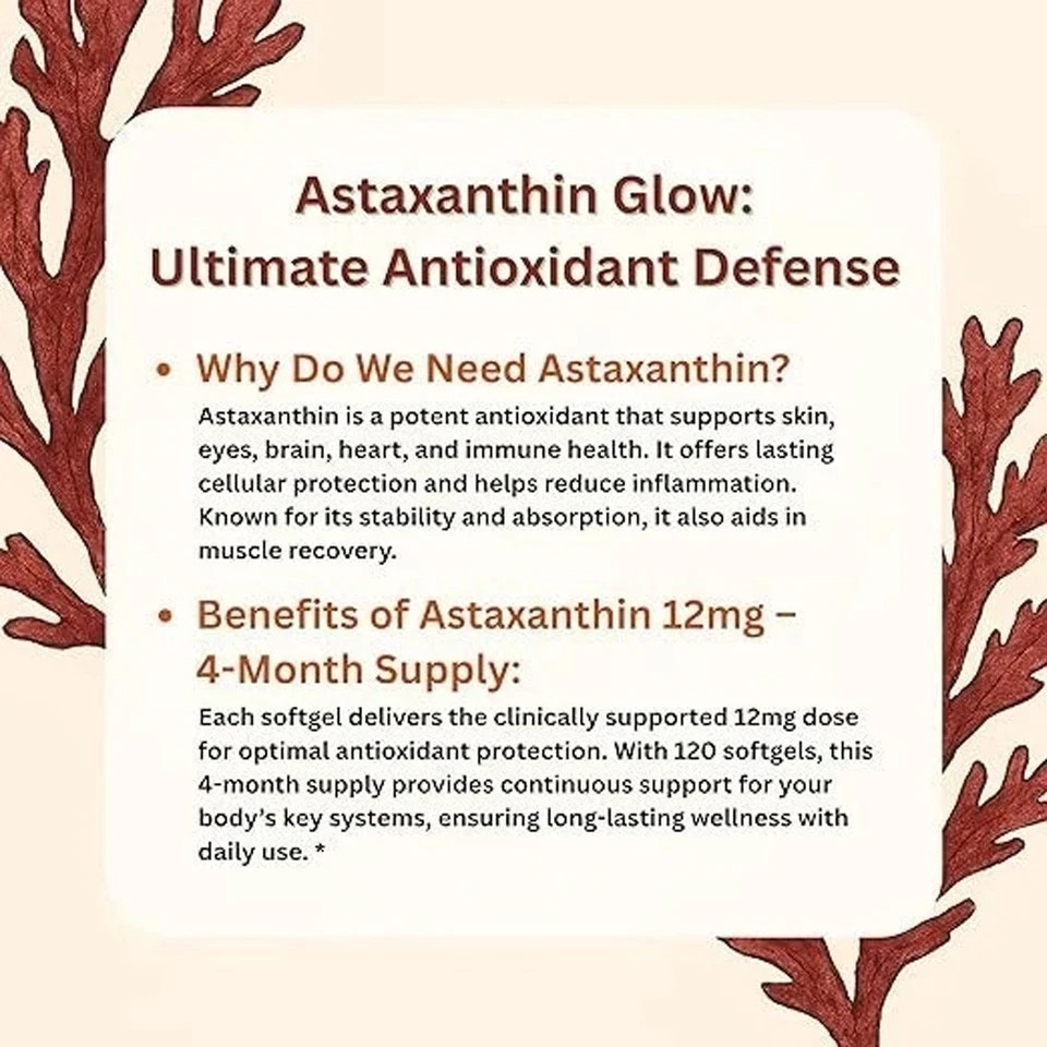 3 Pack Astaxanthin 12mg, 120 Softgels, 4 Month Supply NEW