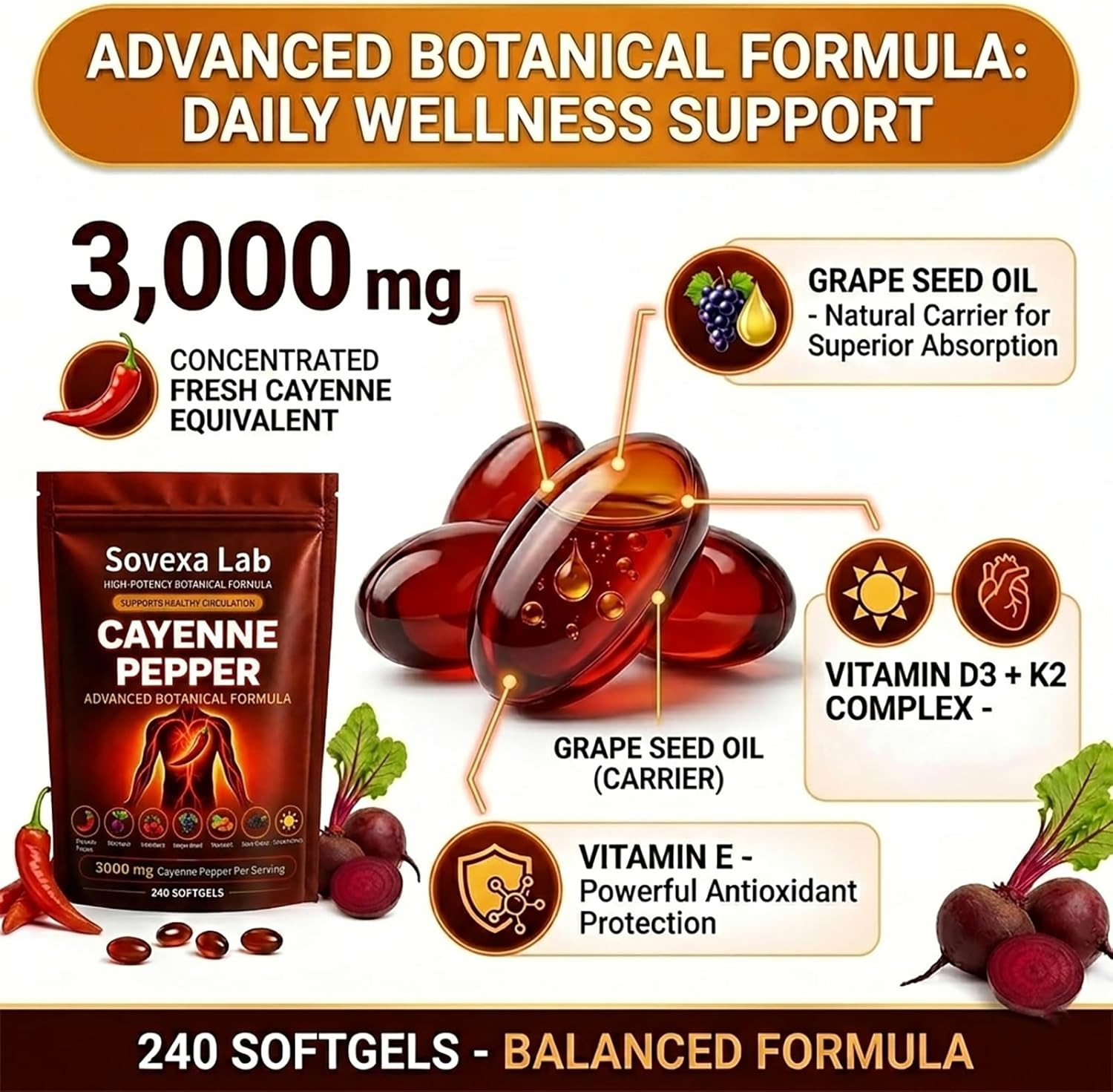 Cayenne Pepper Softgels Supplement for Energy & Cardiovascular Wellness, Active
