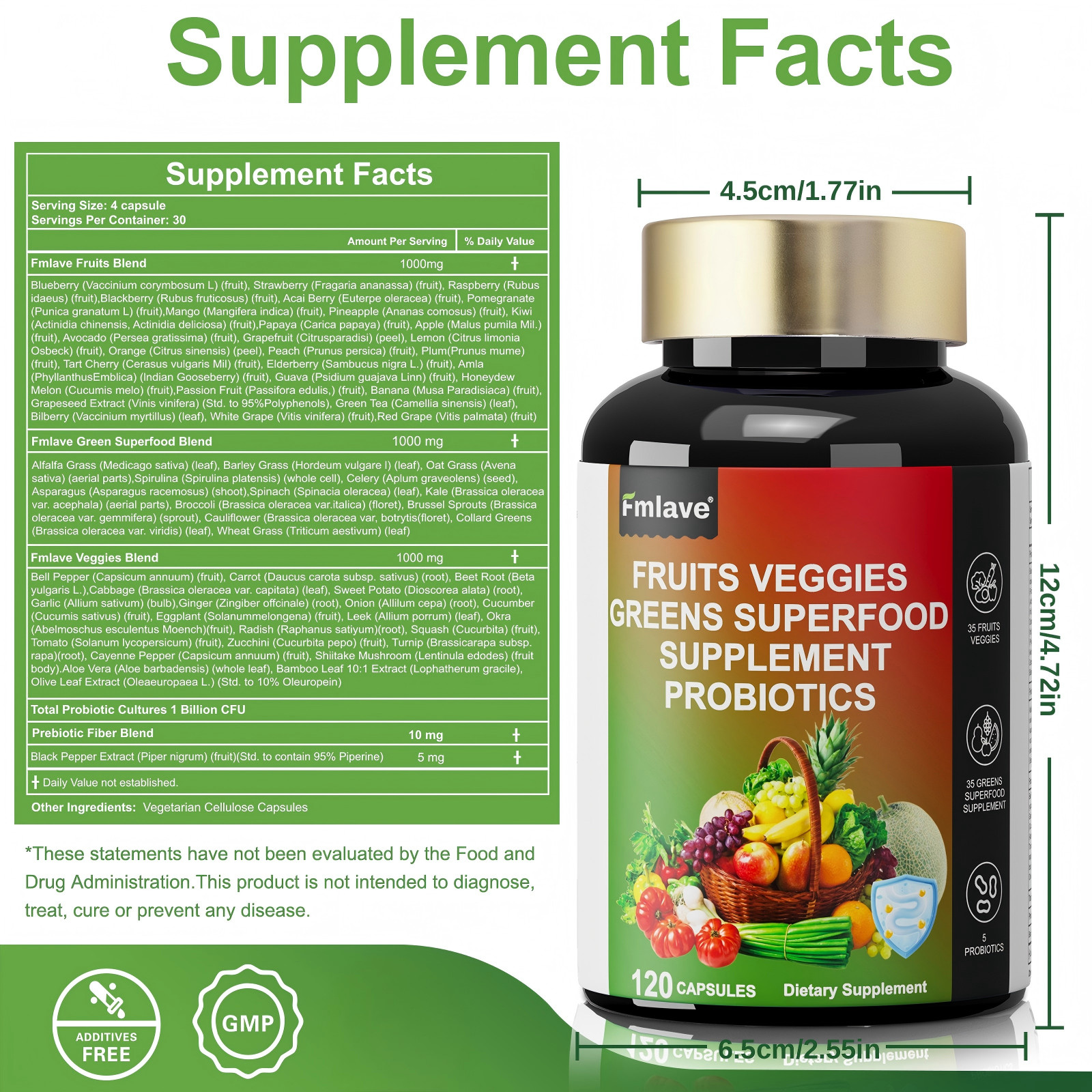 3pcs 70 Fruits and Veggies Whole Food Supplement w/ Probiotics for Gut 360 Count