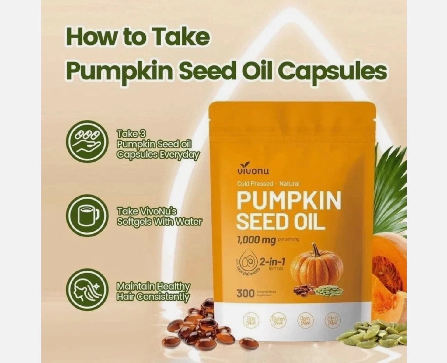 VIVONU Pumpkin Seed Oil 1000mg with Saw Palmetto 300 Softgels